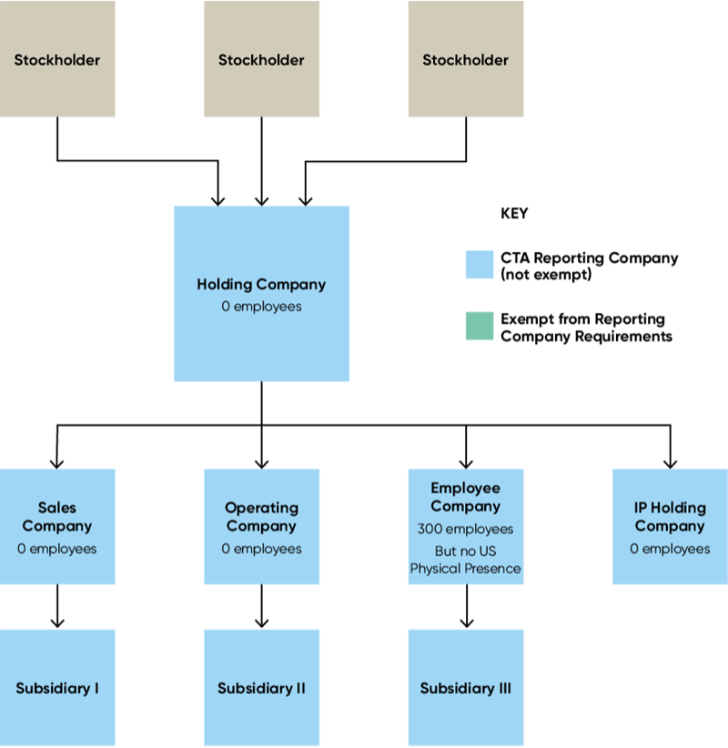 Organizational structure chart illustrating Example 1 showing a Holding Company with 0 employees and 300 employees in its subsidiary Employee Company which does not meet other prongs of the large operating company test