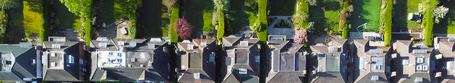 Arial view of a residential street. All gardens are separated by hedgerows. 